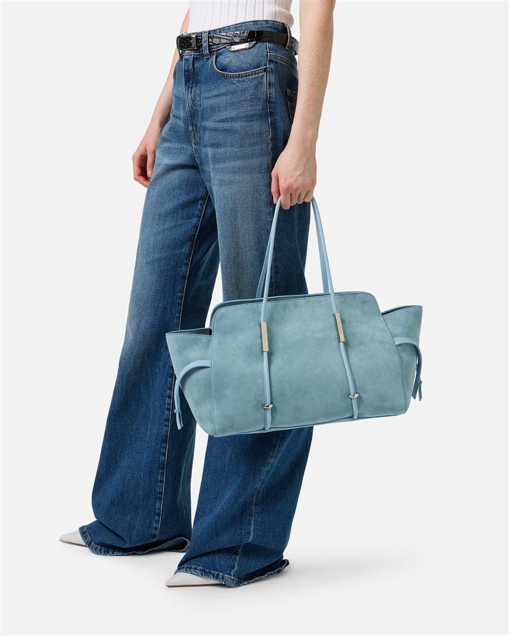 Large powder blue shopper in suede leather with metallic details
