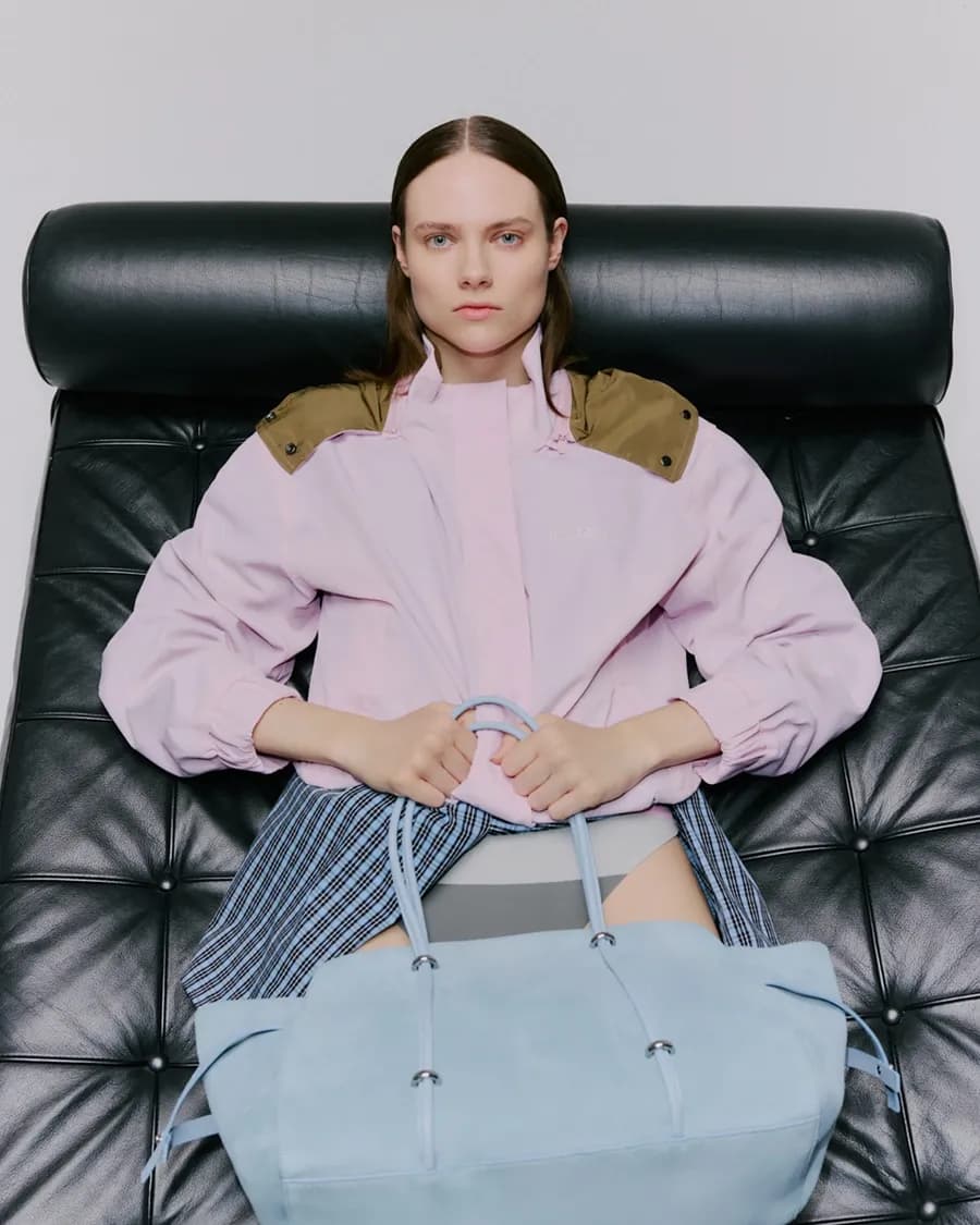 Large powder blue shopper in suede leather with metallic details