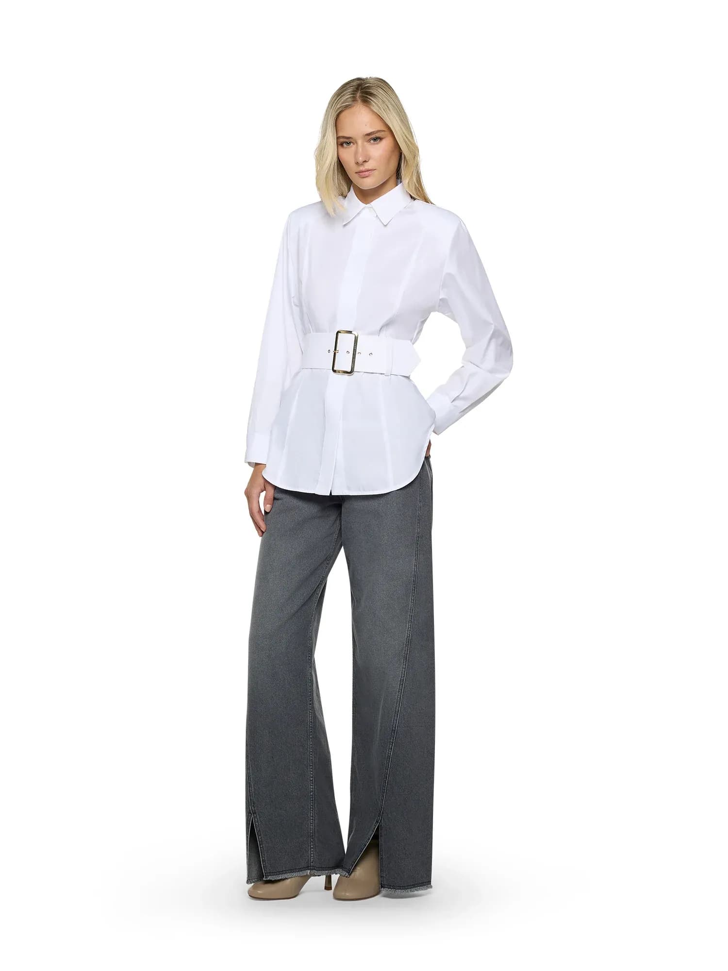 Shirt with covered belt and maxi buckle in poplin