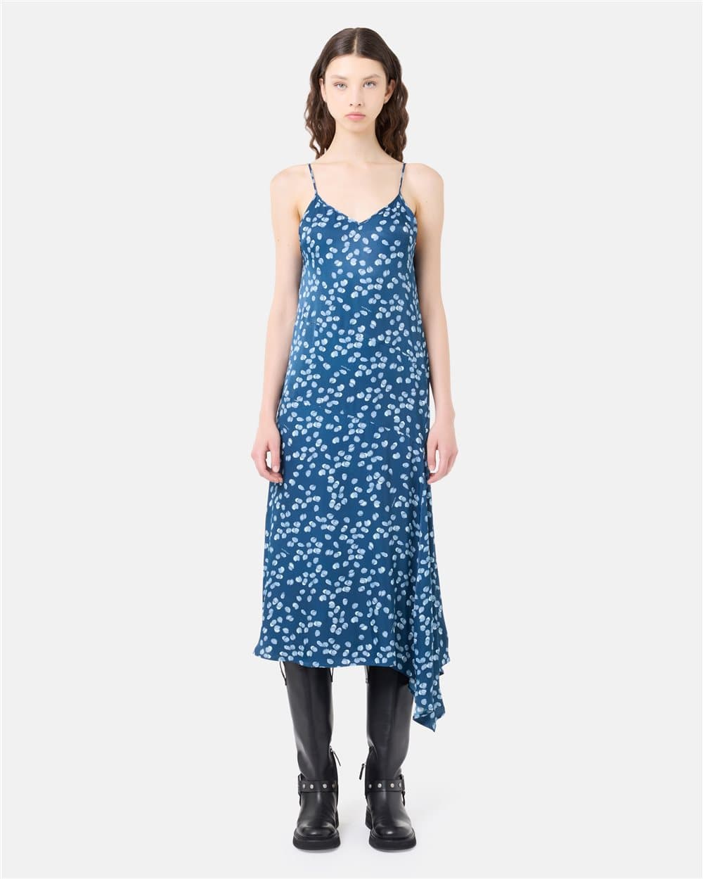 Maxi slip dress in blue viscose twill with mini lemons print