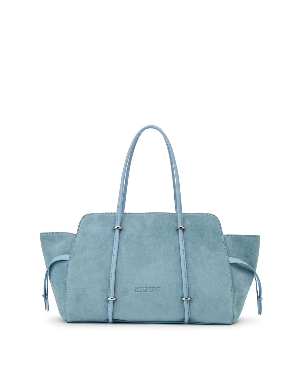 Large powder blue shopper in suede leather with metallic details 2