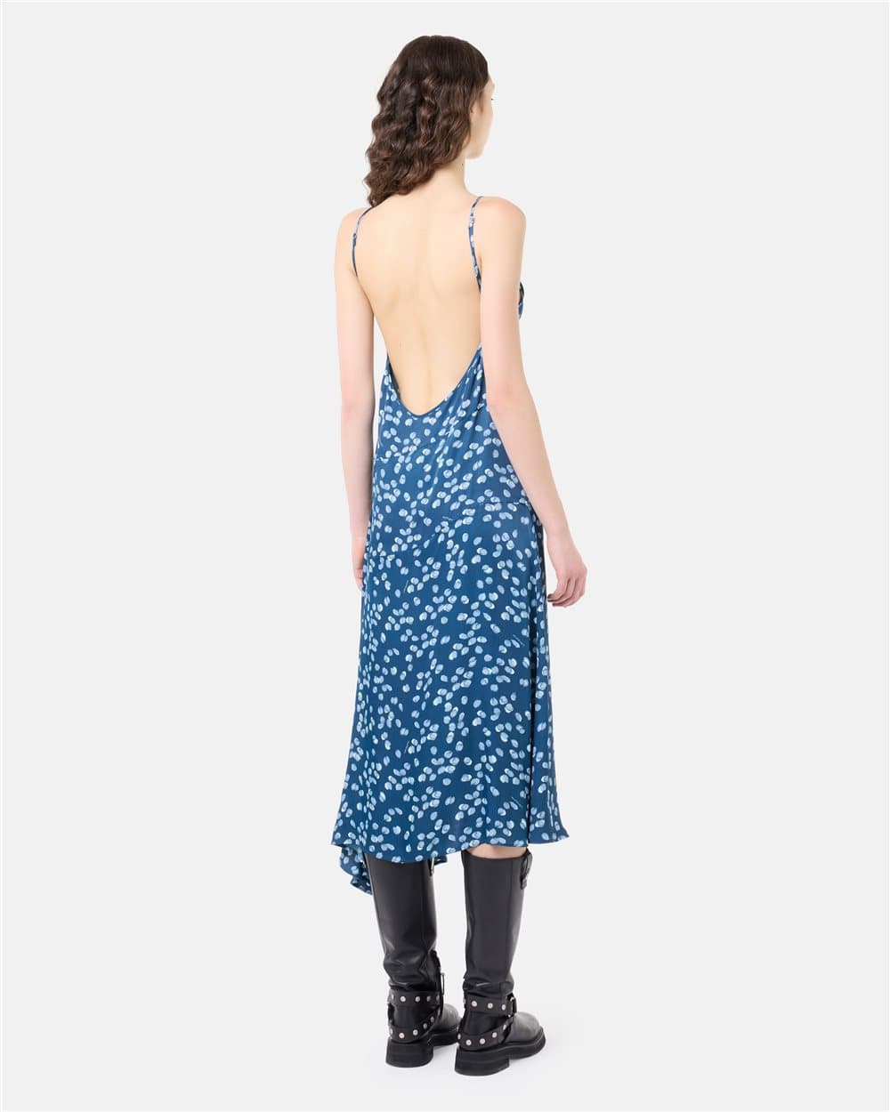 Maxi slip dress in blue viscose twill with mini lemons print 2