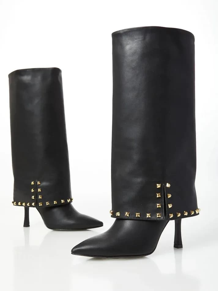 Black Studded Knee-High Boots